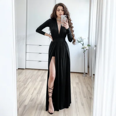 Vestido largo para mujer XALLY 2547 elegante de fiesta, escote en V profundo, manga larga, abertura alta en pierna