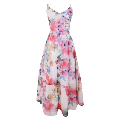 Vestido Maxi Floral de Tirantes con Vuelo para Mujer Elle