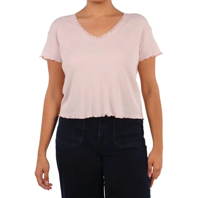 Playera Cuello V Encaje Tejido Gofre Dex Mujer