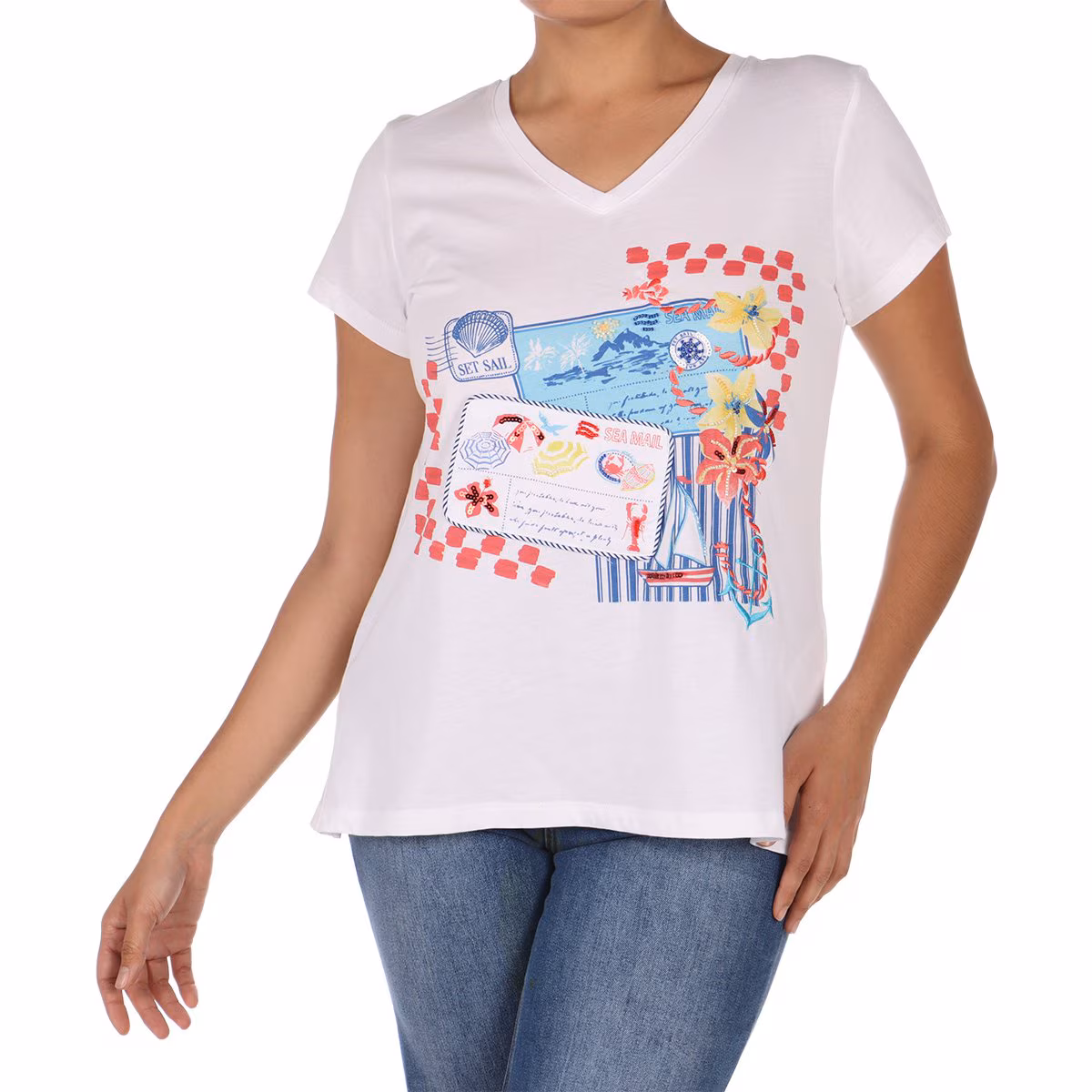 Playera Algodón Escote V con Estampado Náutico Ruby Rd Mujer