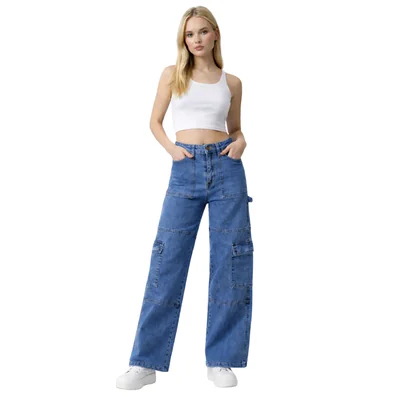 Jeans Wide Leg Cargo con Costuras para Mujer