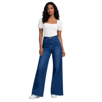 Jeans Wide Leg con Bajos Deshilados para Mujer