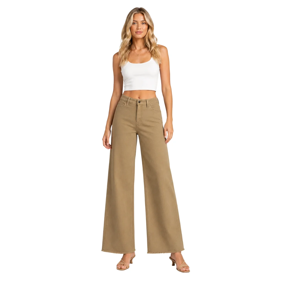Jeans Wide Leg Kaky con Bajos Deshilados para Mujer