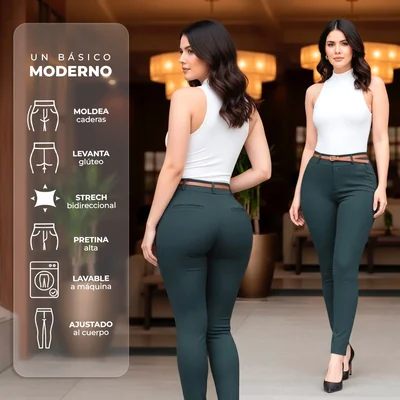 Pantalon Dama Vestir Moda Stretch Tiro Alto Oficina Formal Verde