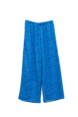 Pantalón Recto A ÁNGELOZANO Azul de Satín con Estampado Floral Artístico
