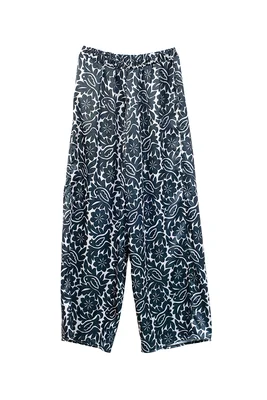 Pantalón Recto A ÁNGELOZANO Negro y Blanco de Raso con Estampado Artístico