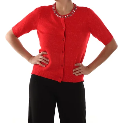 Cárdigan Rojo Manga Corta con Pedrería Life Styler para Mujer