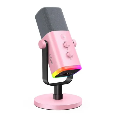 Micrófono FIFINE XLR/USB AM8 rosa con conector para auriculares y RGB