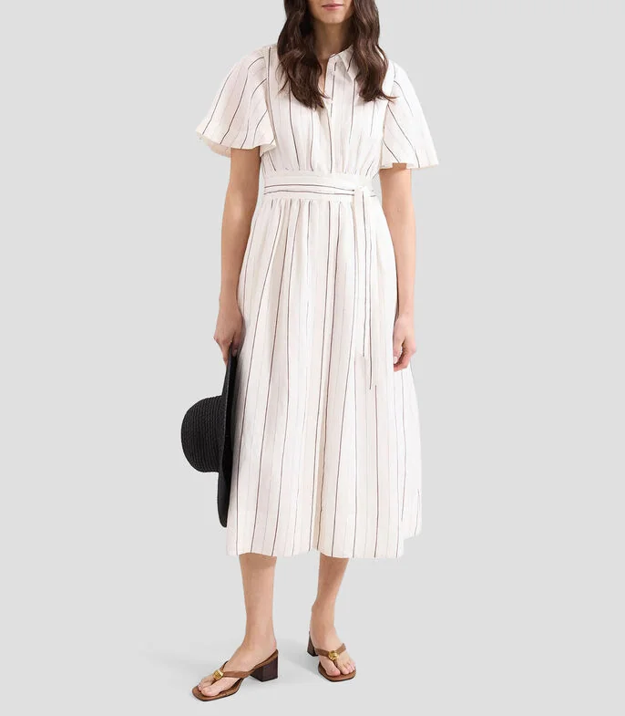 Vestido midi manga corta de rayas Mujer