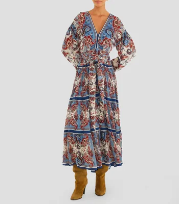 Vestido largo manga larga estampado Paisley Scarf Mujer