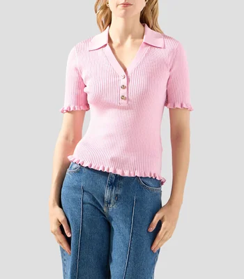 Blusa lisa canalé manga corta Mujer
