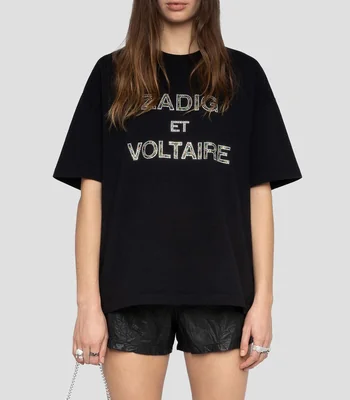 Playera de cuello redondo con manga corta y pedrería Mujer
