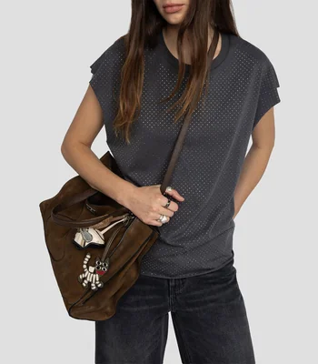 Playera de cuello redondo con manga corta y pedrería Mujer