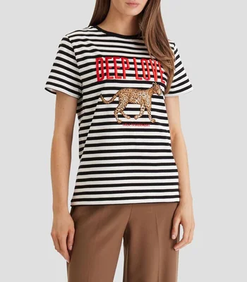Playera cuello redondo manga corta con rayas Mujer