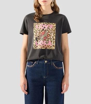 Playera de cuello redondo con manga corta estampada Mujer
