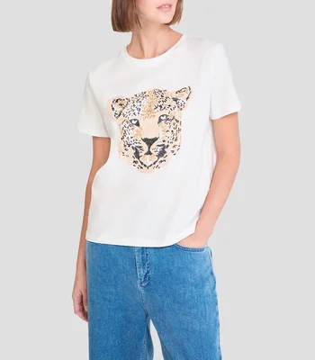Playera cuello redondo manga corta con estampado Mujer