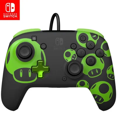 PDP REMATCH Enhanced Wired Nintendo Switch Pro Controller, Switch Lite/OLED Compatible (1-UP Glow in the Dark Mario Toad) - 1-UP