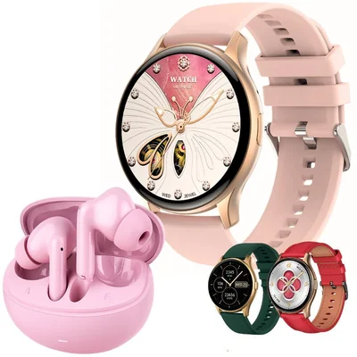 Smartwatch G-Tide R5 (dorado) con Audífonos G-Tide L42 (rosa)