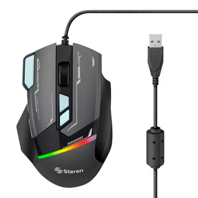 Mouse Gamer Ergonómico Steren COM-5432GR, Alámbrico, Óptico, 7.200DPI, USB-A, Negro