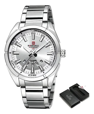 Reloj De Negocios Naviforce Para Hombre De Acero Inoxidable Correa Plateado Bisel Blanco Fondo Plateado