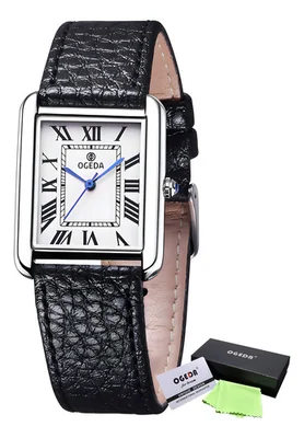 Reloj De Cuarzo Rectangular Clásico Ogeda Con Correa De Piel Correa Negro Bisel Plateado Fondo Blanco