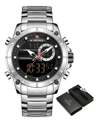 Reloj pulsera Naviforce NF9163 con correa de acero inoxidable color plateado - fondo negro