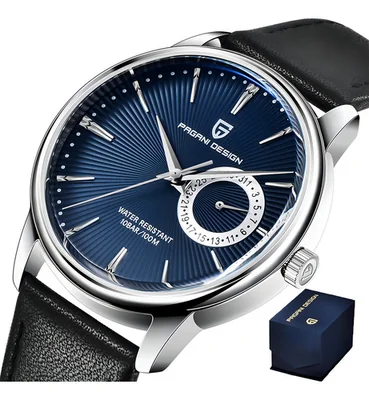 Reloj Pagani Design Reloj De Cuarzo De Cuero Para Hombre Correa Negro Bisel Plateado Fondo Azul