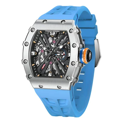 Reloj De Pulsera Analógico Ejecutivo Pagani Design Para Homb Correa Celeste Bisel Plateado Fondo Negro