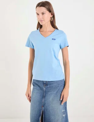 Playera manga corta Hugo Blue cuello v para mujer