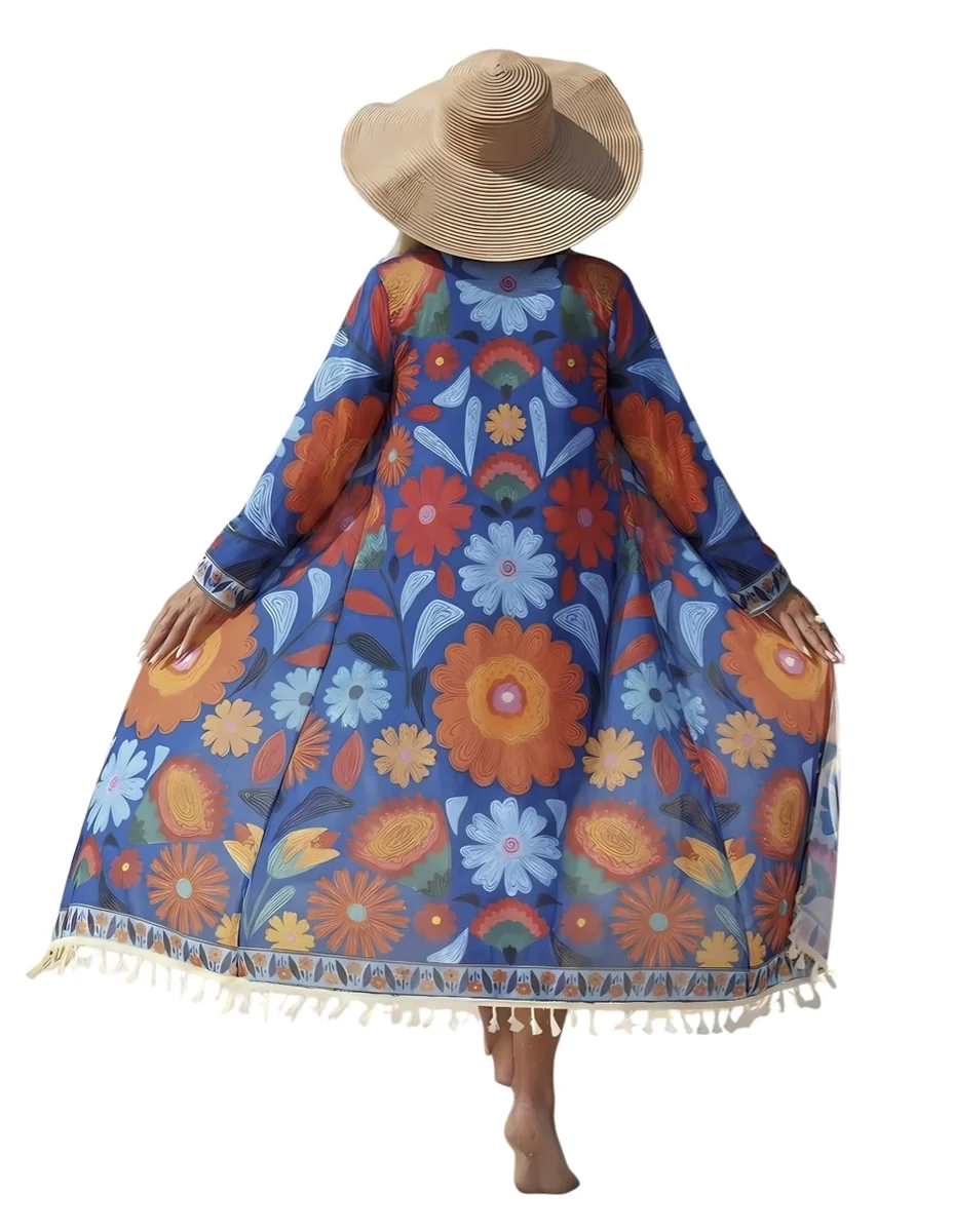 Kimono Playero Floral con Flecos