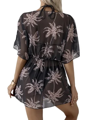 Vestido Playero Tipo Kimono con Estampado de Palmeras