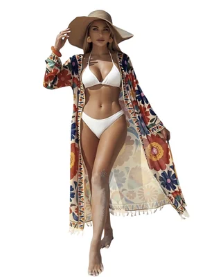 Kimono Playero Largo con Estampado Floral Multicolor