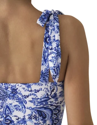 Traje de baño entero con estampado floral azul y tirantes con moño