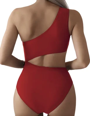 Traje de baño de una pieza asimétrico rojo con recortes