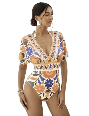 Traje de baño enterizo con estampado floral y mangas cortas