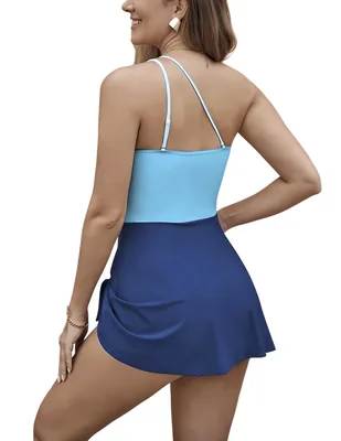 Traje de baño de 2 piezas con diseño asimétrico y falda con nudo