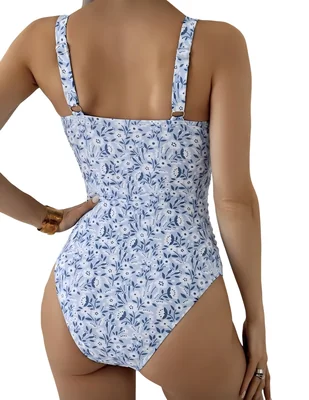 Traje de baño entero con estampado floral azul