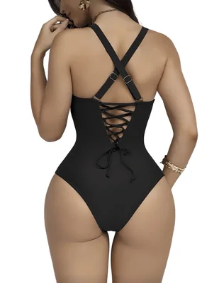Traje de baño enterizo de una pieza con diseño elegante y escote profundo en V.