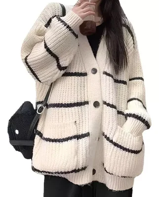 Sweaters Mujer Camisa Suelta Y Cómodo Sueter Rayas Cardigan TALLA MEDIANA