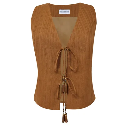 Chaleco con Jaretas Y Borlas en Tono Ocre City Femme para Mujer