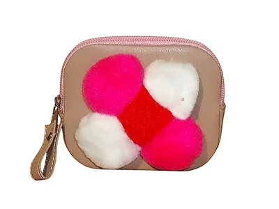 Monedero de GALLETA SPONCH, Rectangular, Decorativo con Pompones, Color Beige y Rosa Multicolor, Novedoso y Encantador.