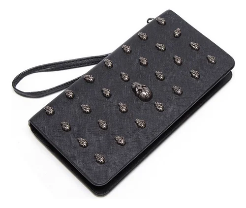 Cartera Larga De Dama Calavera Con Cremallera De Cuero Pu
