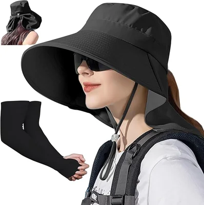 2pzs Sombrero para Sol Mujer y Mangas para Brazos,Gorro para Sol Plegable,con Agujero para Cola de Caballo y Protección