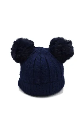Gorro Tejido Azul Marino Interior Afelpado y Doble Pompón
