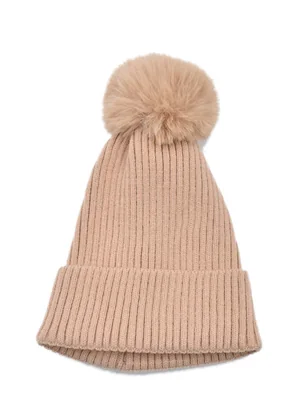 Gorro Tejido Beige con Pompón