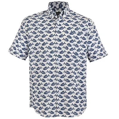 Camisa Casual Regular Fit Estampado Peces Cavalatti Azul Manga Corta para Hombre