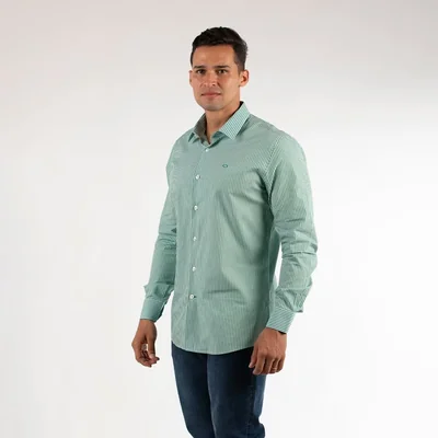 Camisa Casual Regular Fit Verde Rayas Oscar de la Renta Manga Corta para Hombre