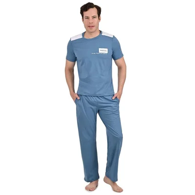 Pijama Azul Chifón Playera Manga Corta y Pantalón Recto Isotoner para Hombre