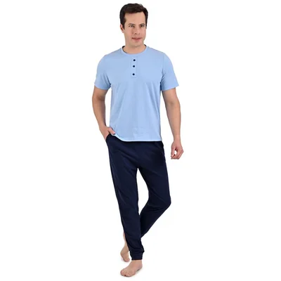 Pijama Chifón Playera Manga Corta Azul Claro y Pantalón Recto Isotoner Azul Marino para Hombre