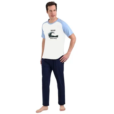 Pijama Chifón Playera Blanca con Manga  Corta Azul y Pantalón Recto Isotoner para Hombre